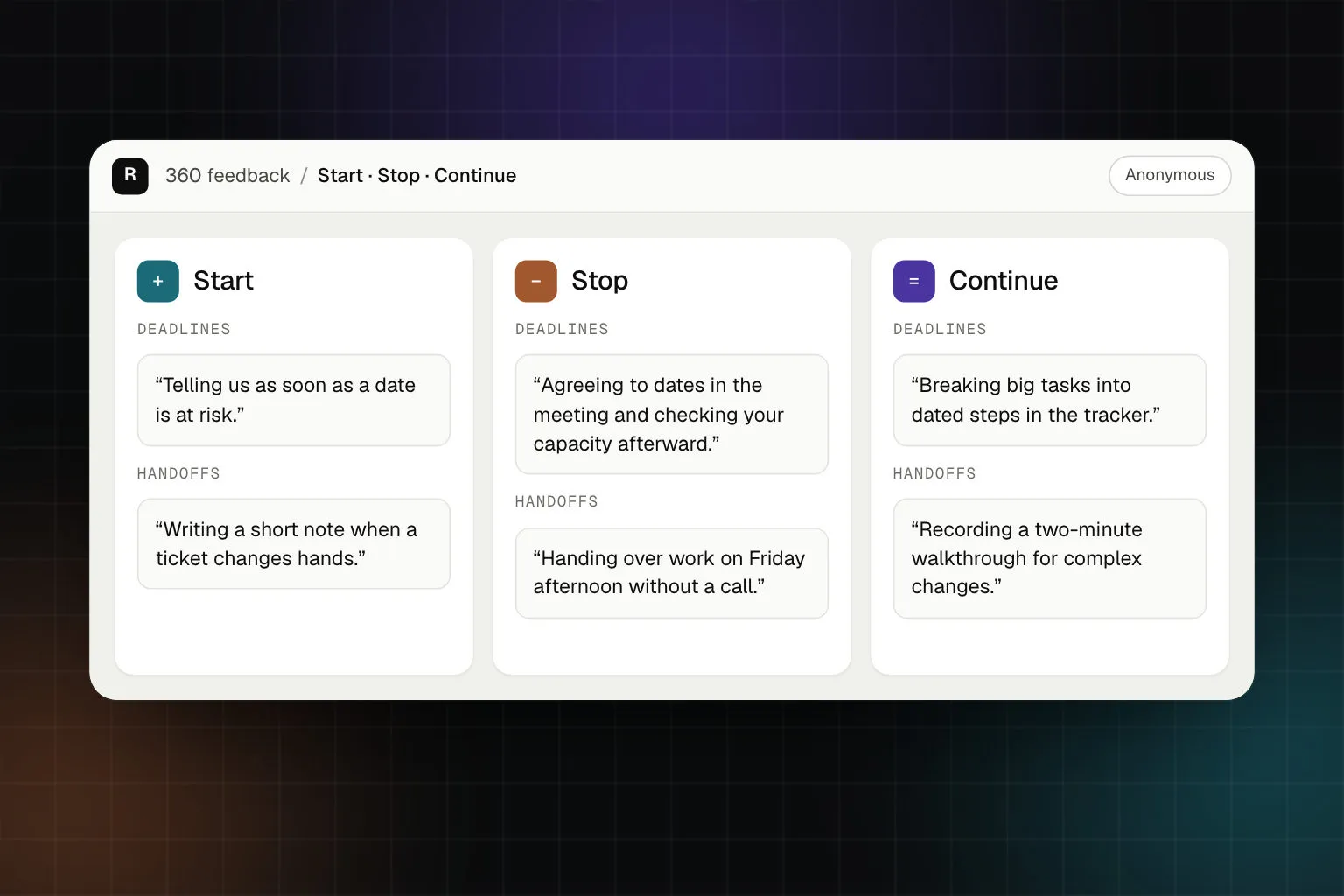Start, stop, continue board with peer comments on deadlines and handoffs