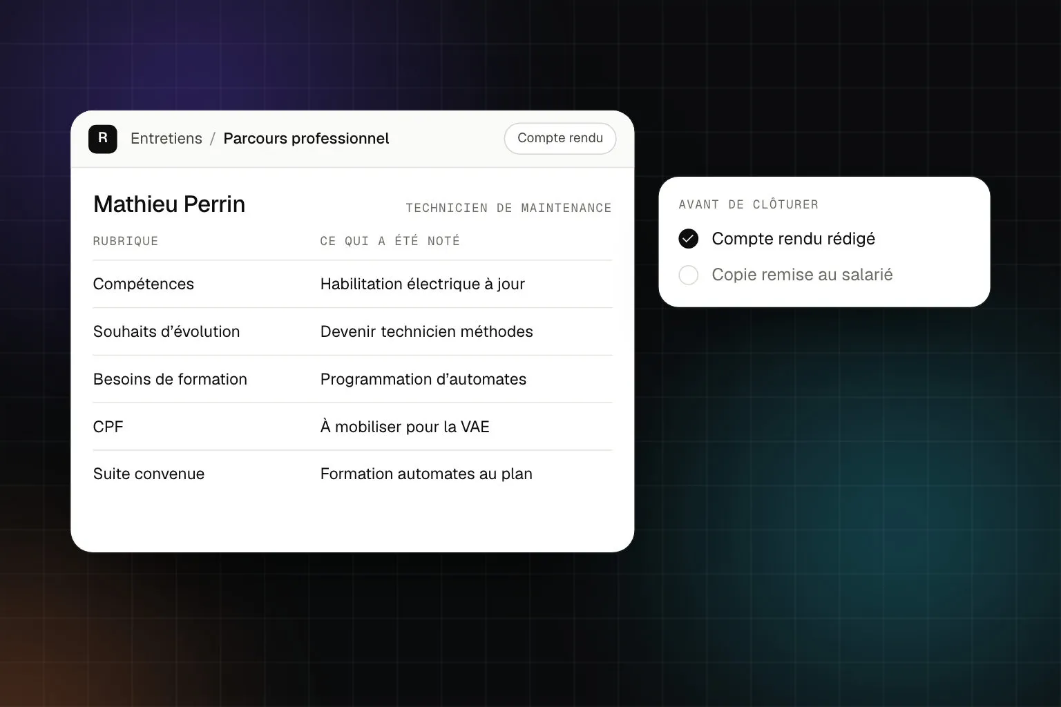 Compte rendu d’entretien professionnel de Mathieu Perrin : compétences, souhaits d’évolution, formation, CPF et suite convenue
