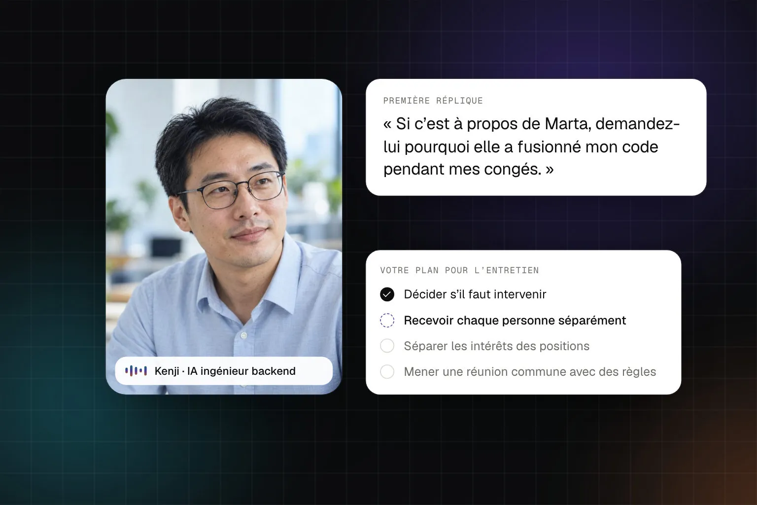 Écran d’entraînement : Kenji · IA ingénieur backend se plaint d’une collègue, à côté d’un plan en quatre étapes pour gérer le conflit