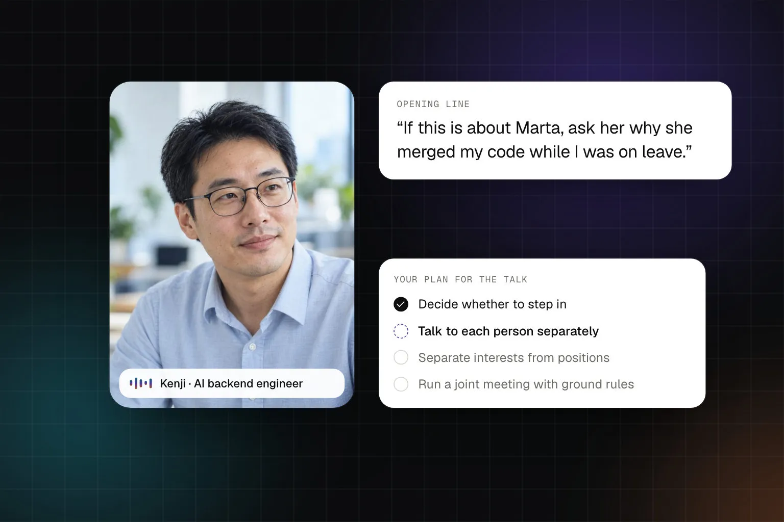 Practice screen: Kenji · AI backend engineer complains about a teammate, next to a four-step plan for handling the conflict