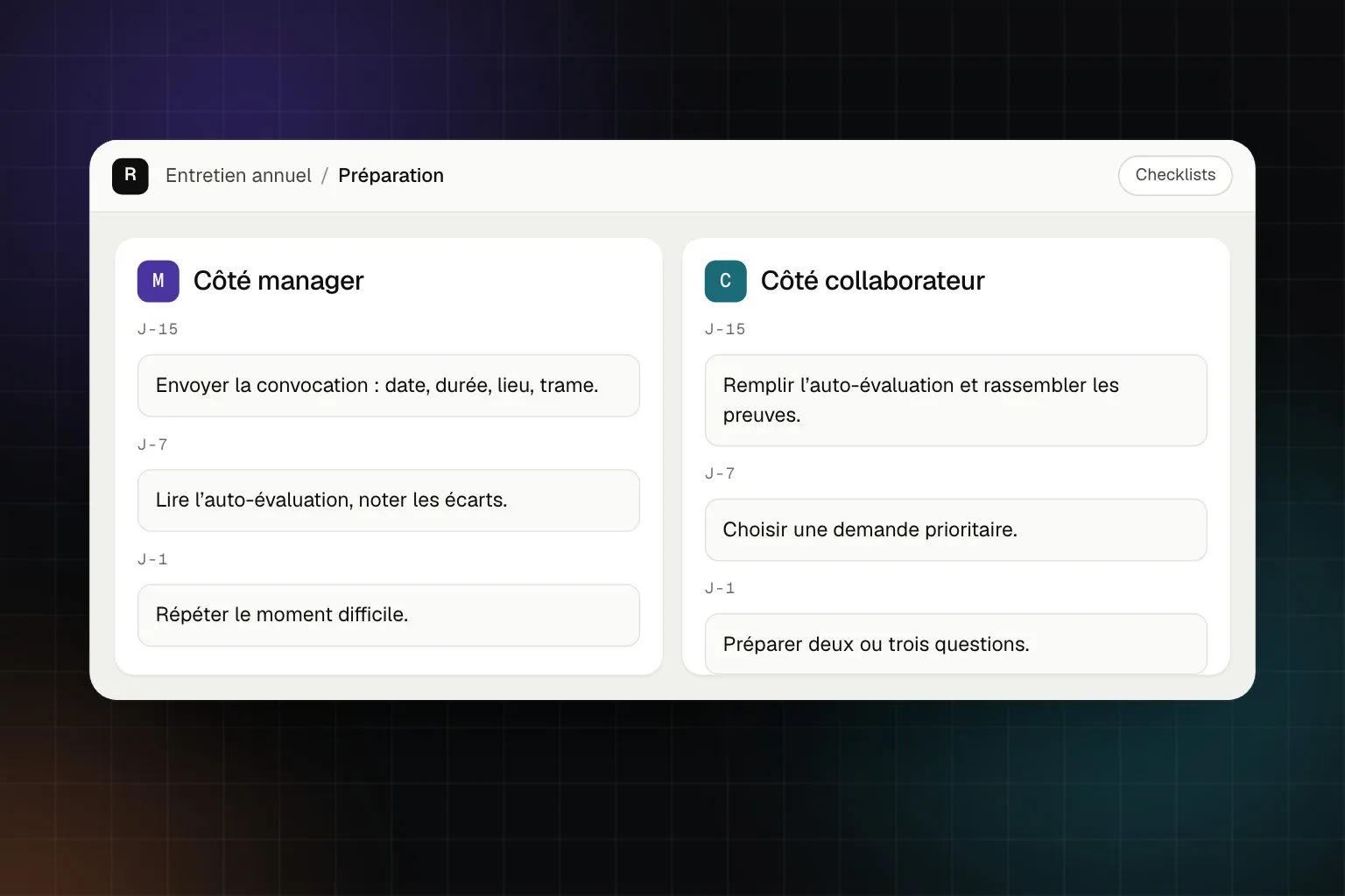 Préparation de l’entretien annuel en deux colonnes, côté manager et côté collaborateur, de J-15 à J-1