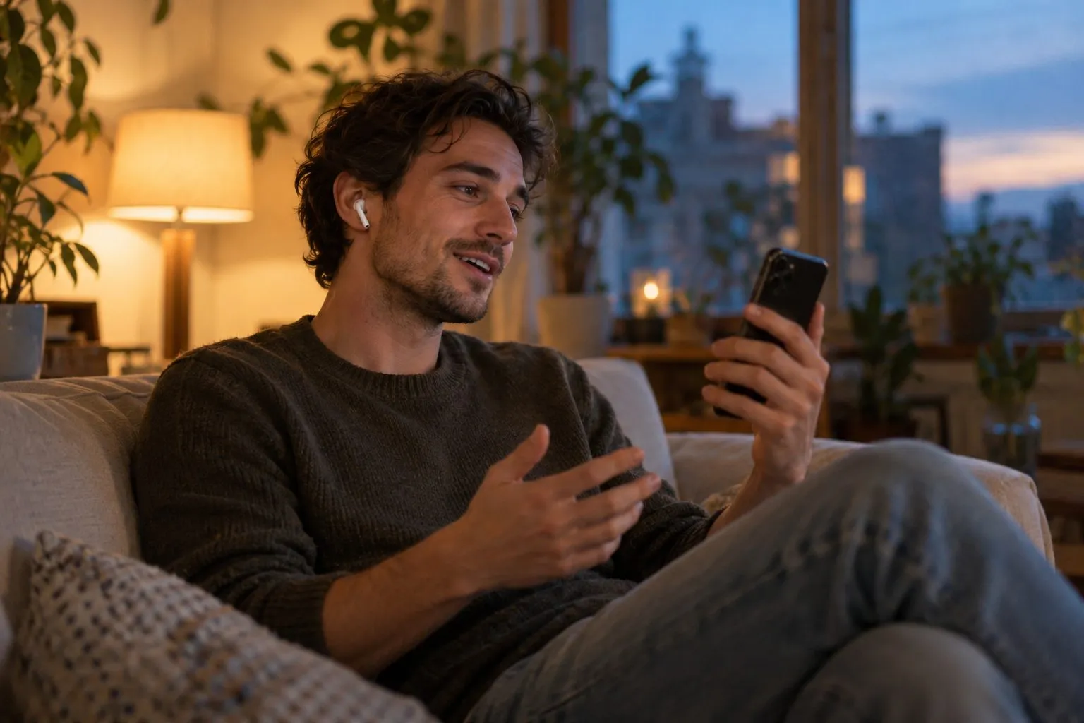 Candidat en entretien avec l’IA depuis son smartphone, le soir