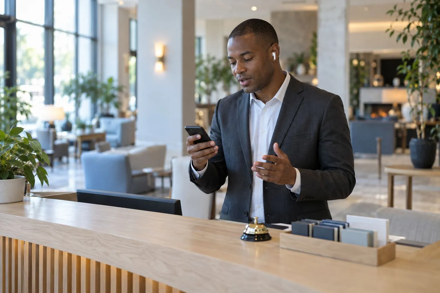 Réceptionniste d’hôtel qui répète une conversation client à la réception