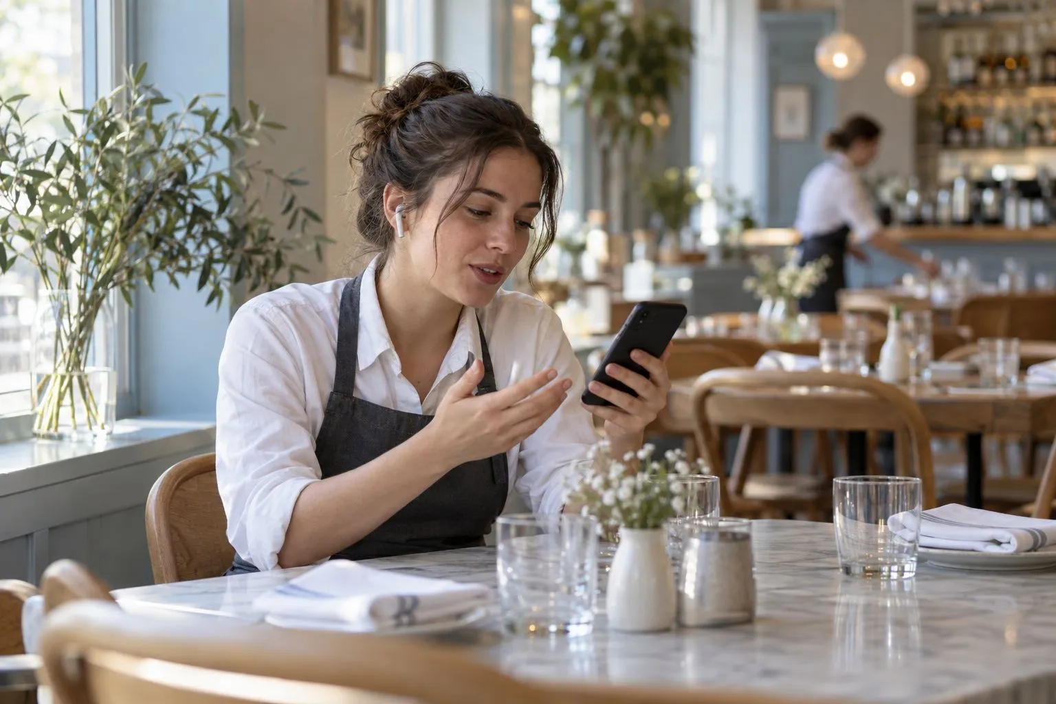 Server rehearsing a guest conversation on her phone before service
