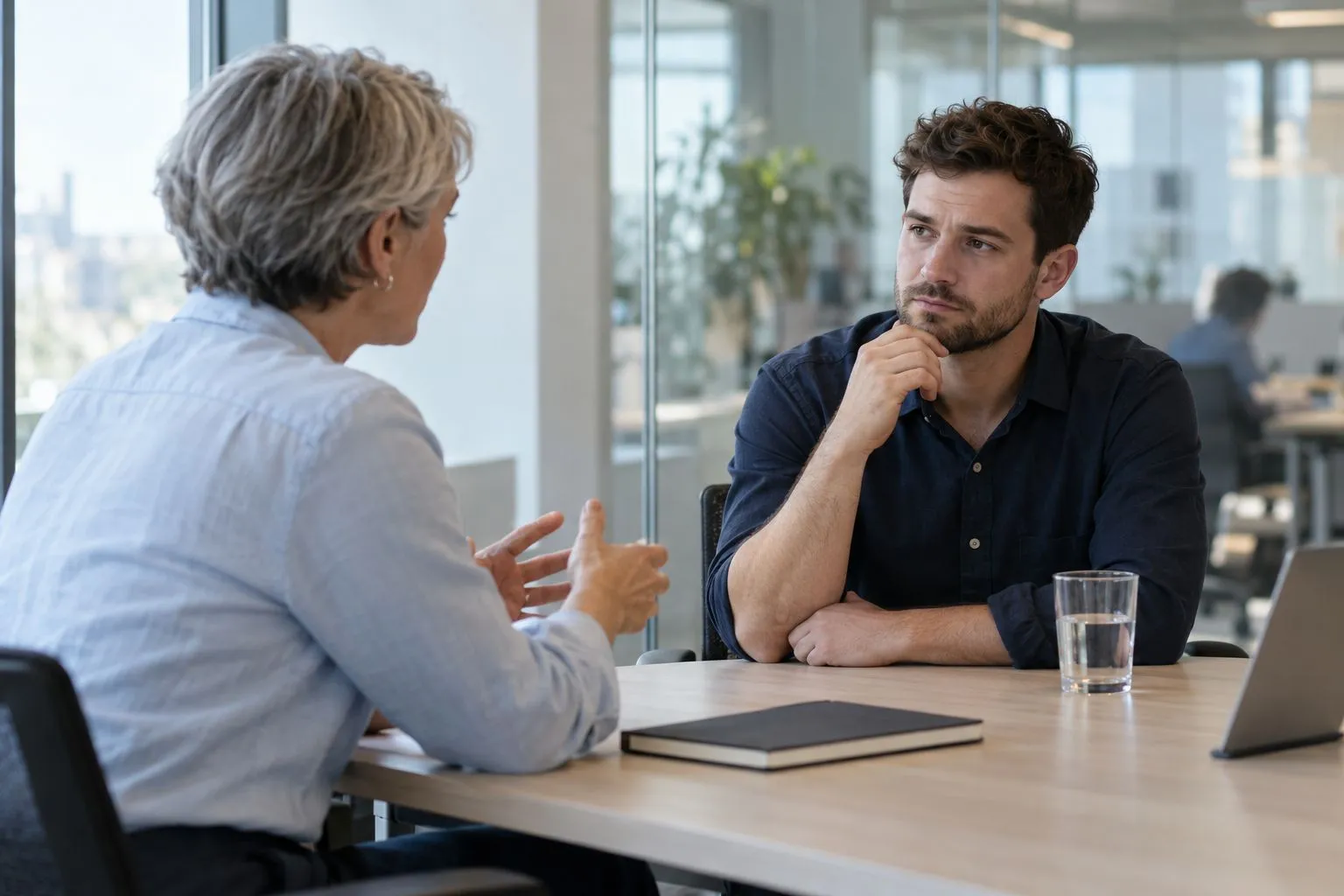 Manager and employee in a performance review