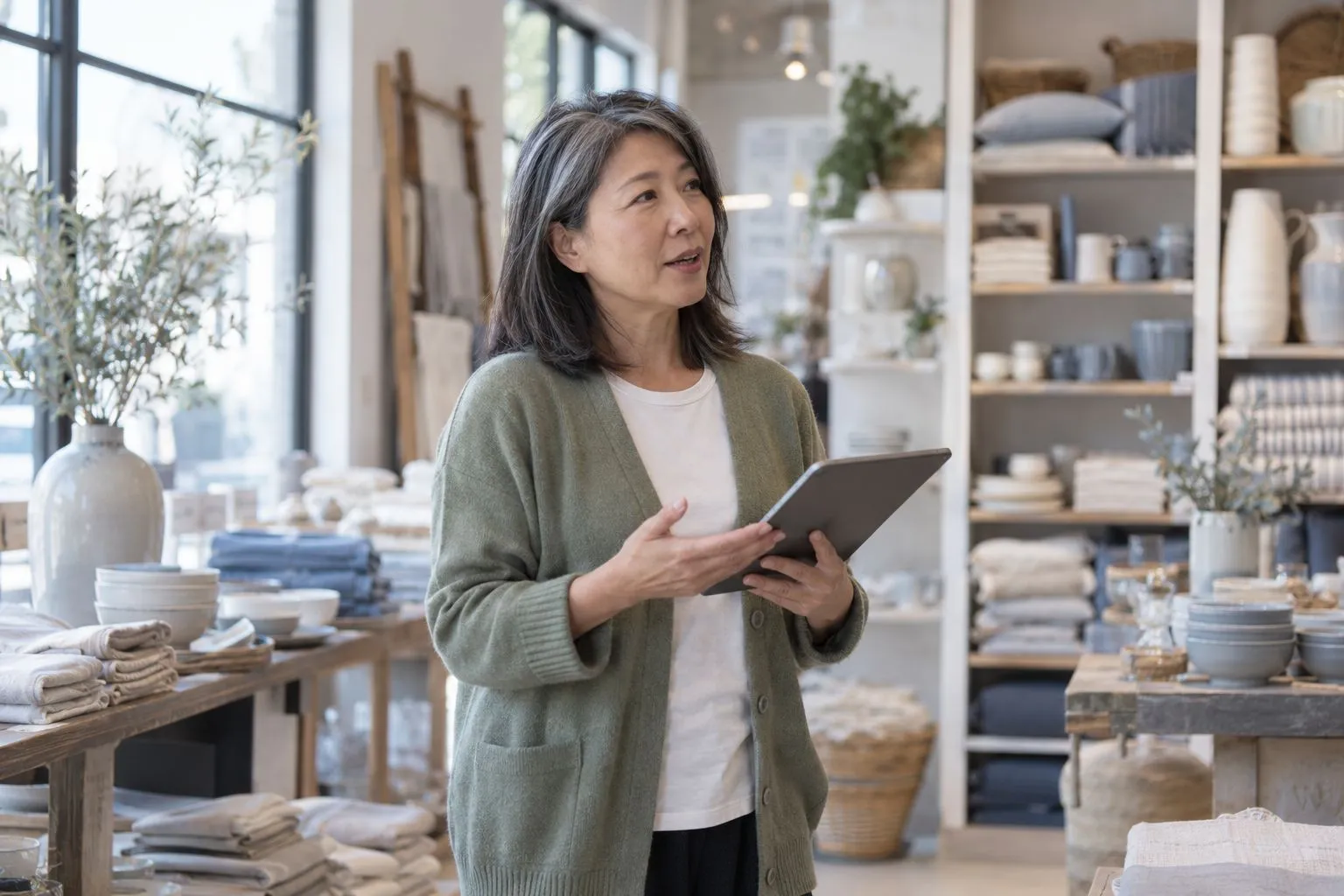 Conseillère de vente en magasin, une tablette à la main